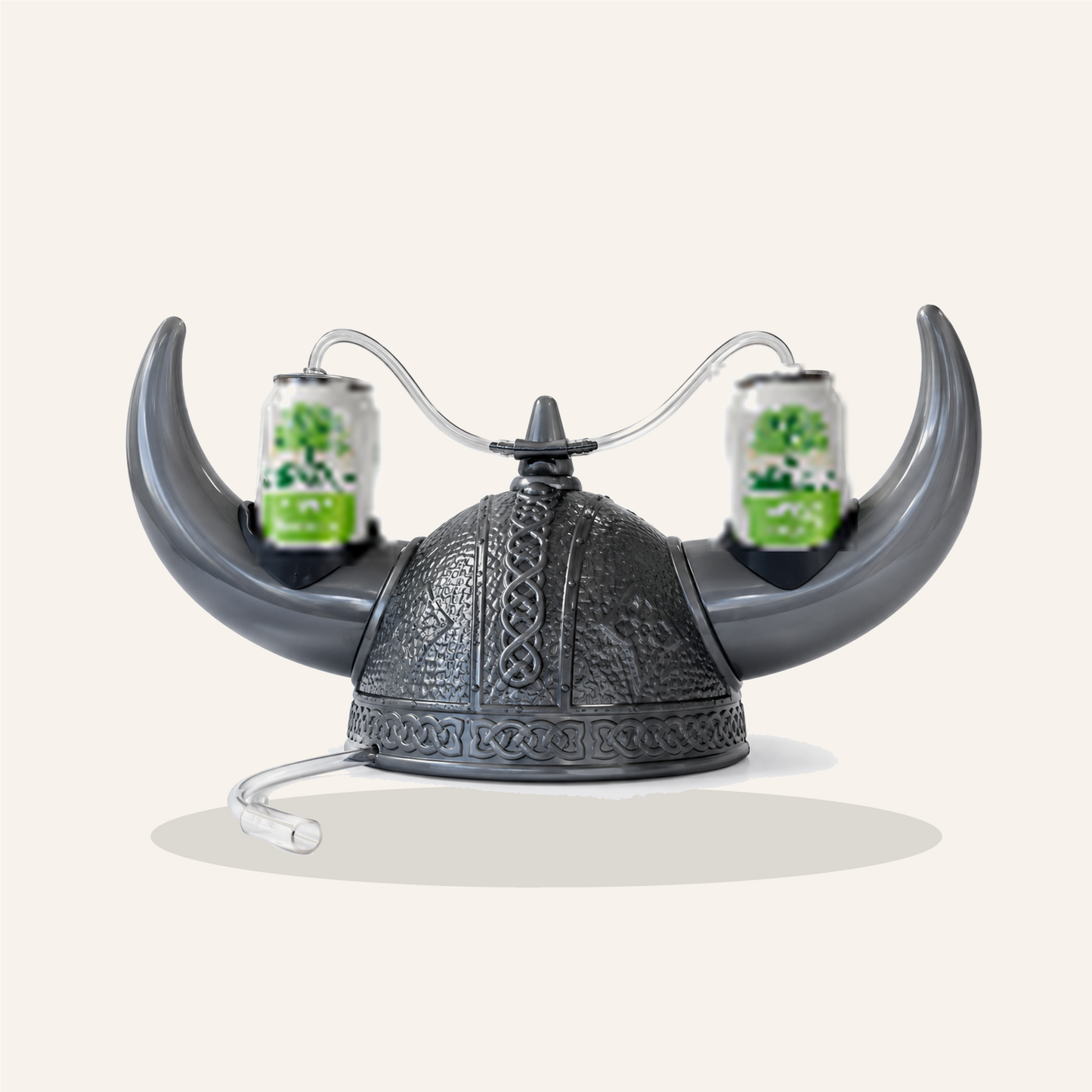 The Original — PARTYHEAD viking beverage helmet with dual can holders and drinking tubes, front view on cream background