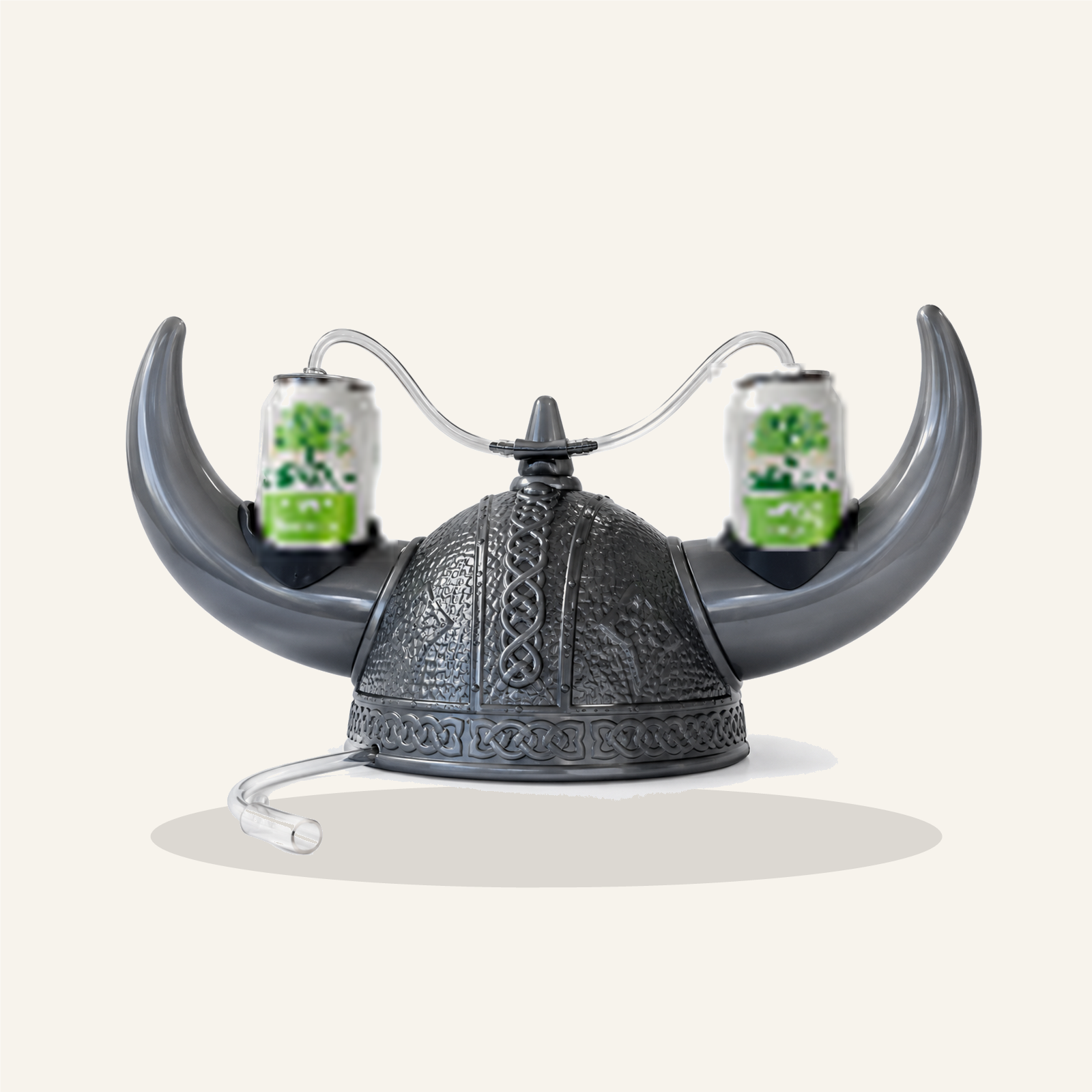 The Original — PARTYHEAD viking beverage helmet with dual can holders and drinking tubes, front view on cream background