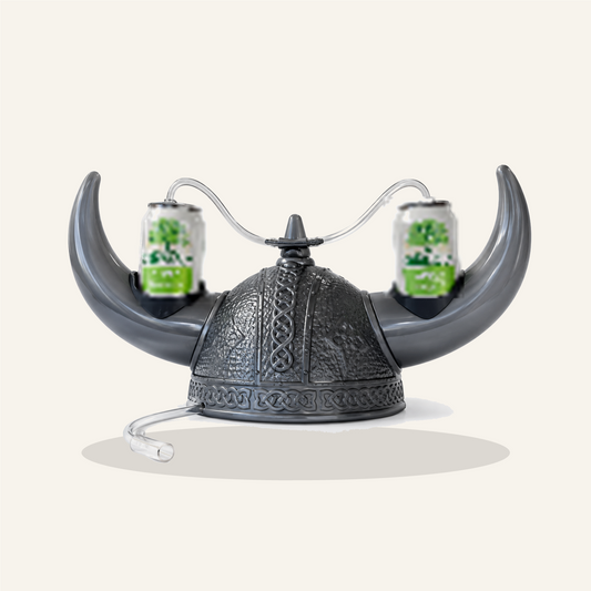 The Original — PARTYHEAD viking beverage helmet with dual can holders and drinking tubes, front view on cream background
